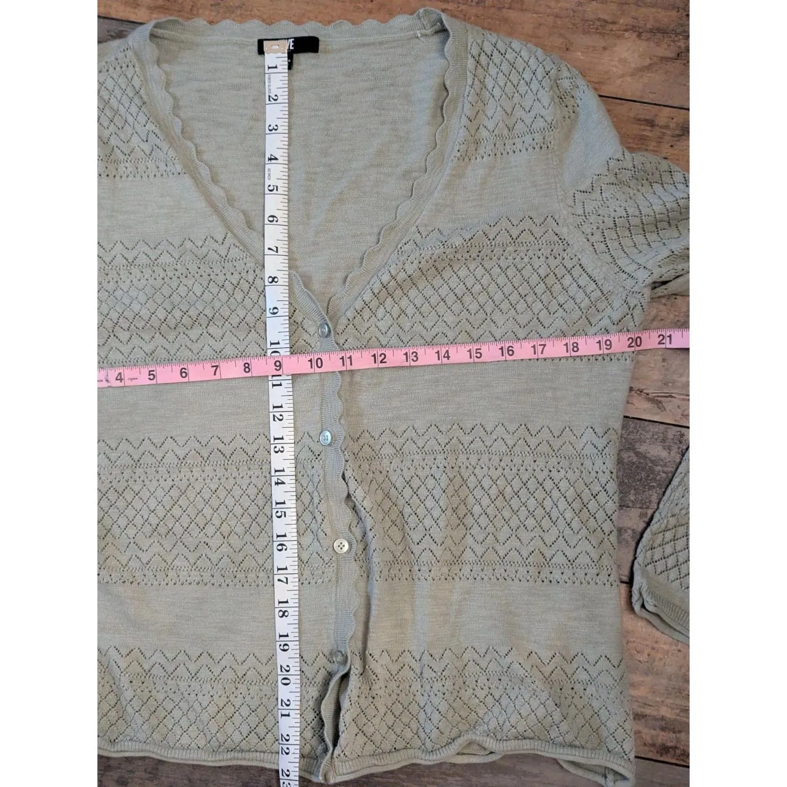 Frye Pointelle Knit Cardigan XL Sage Green Scalloped Edge Coastal Grandmother - Image 6