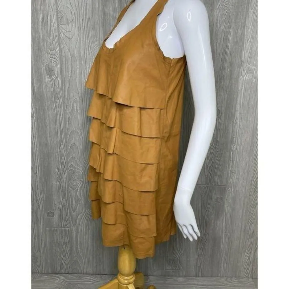 Zara women calfskin leather brown tiered ruffle midi sleeveless dress small - Image 6