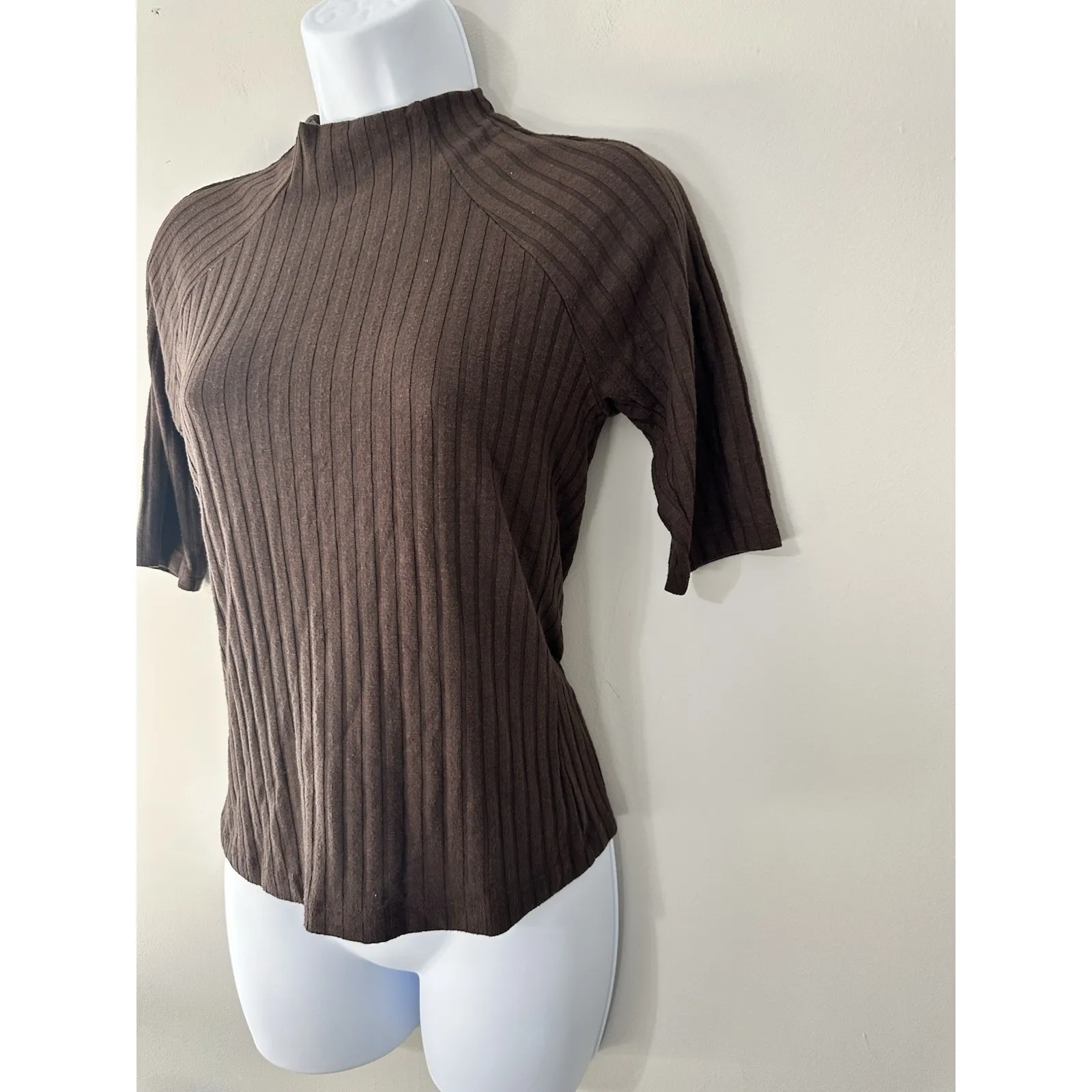 Michael Stars Nadine Mock Neck Ribbed Brown Elbow Length Sleeves Top EUC Sizs XS - Image 4