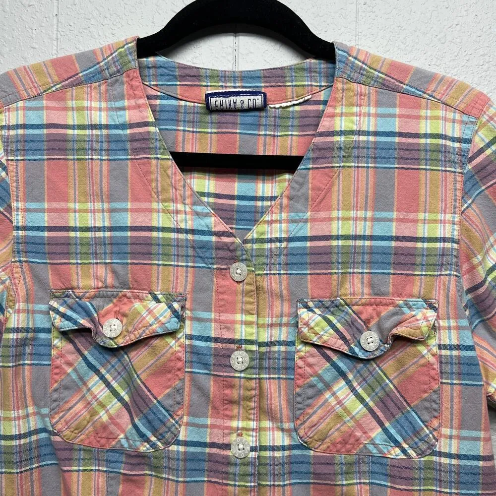 Erika & Co. Vintage Plaid Western Cropped Cowgirl Rodeo Women's Shirt Medium Pink - Image 3