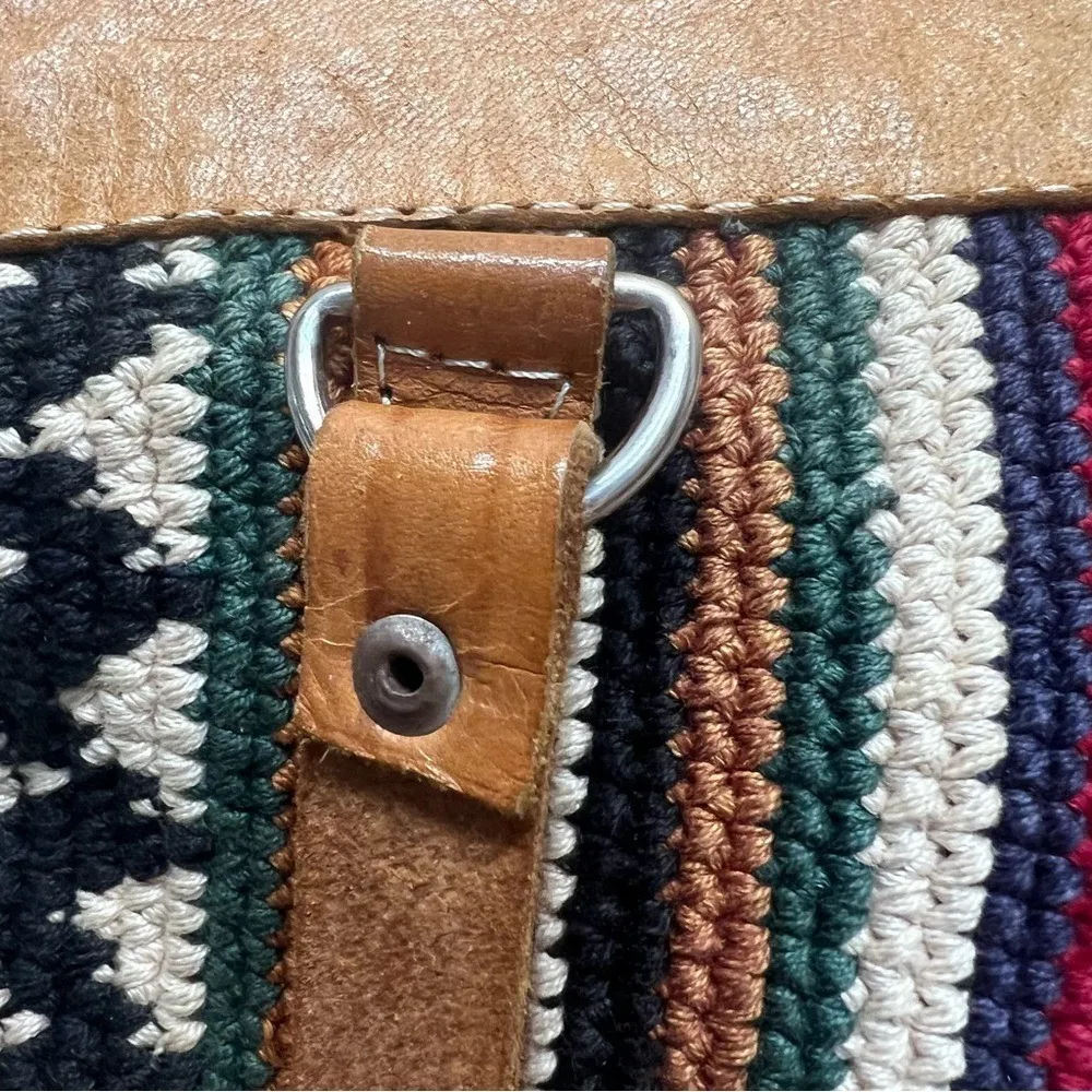 Vintage Boho Aztec Woven Striped Leather Tote Shoulder Bag Hippie Festival OS Red - Image 7