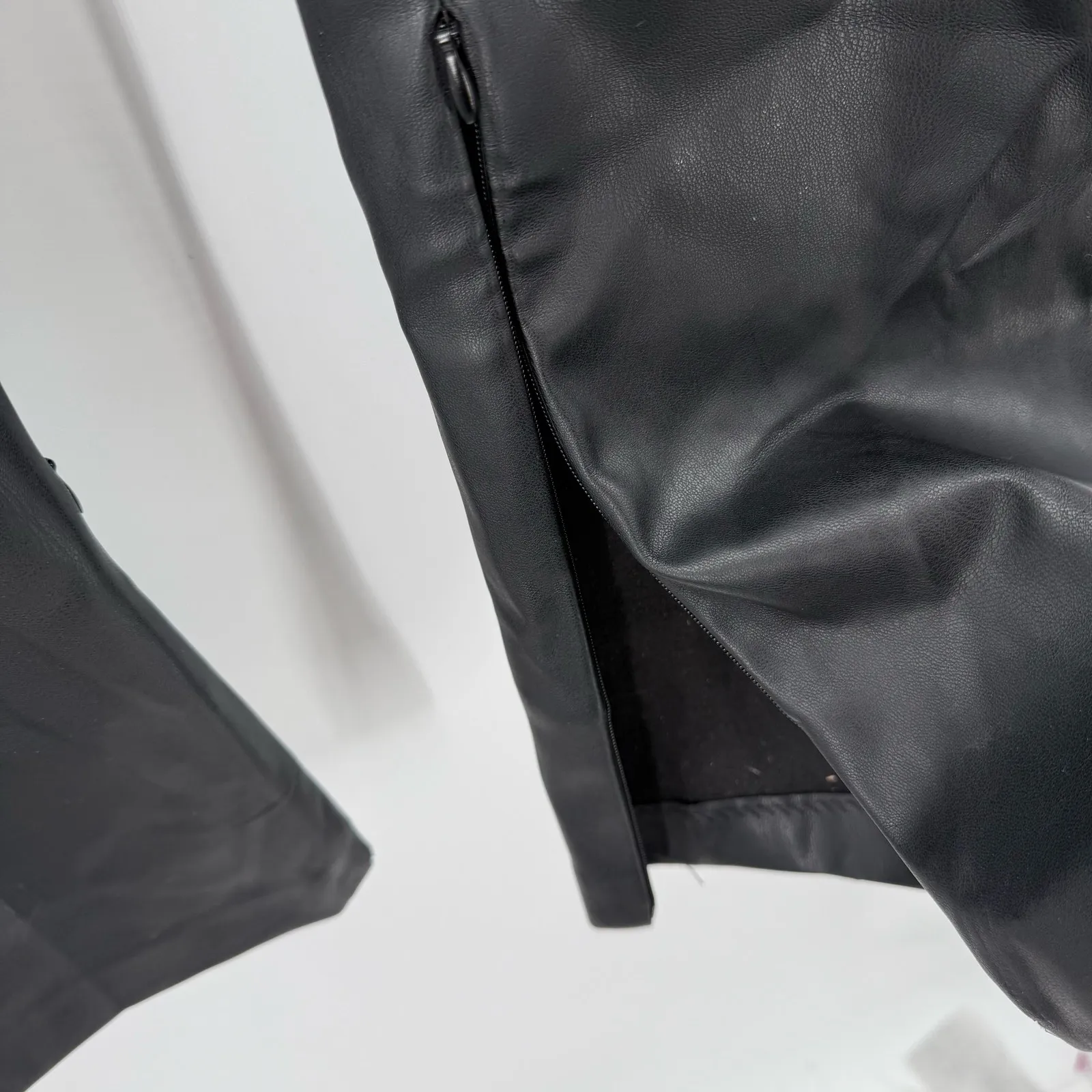 ZARA Faux Leather Pants Size Medium Black Zipper Slit Flare Vegan Pleather - Image 15