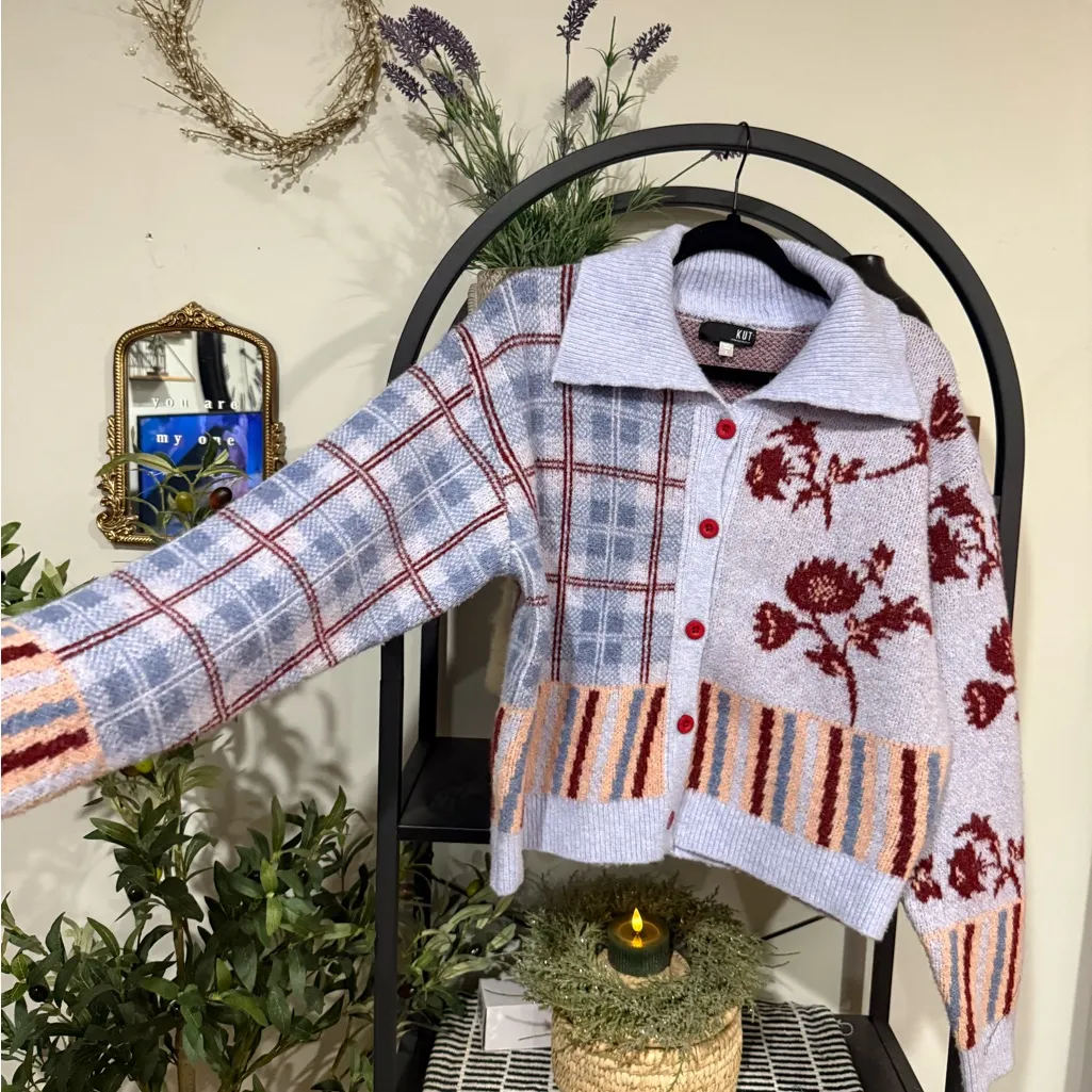 KUT From The Kloth Patchwork Knit Cardigan – Size L - Image 5