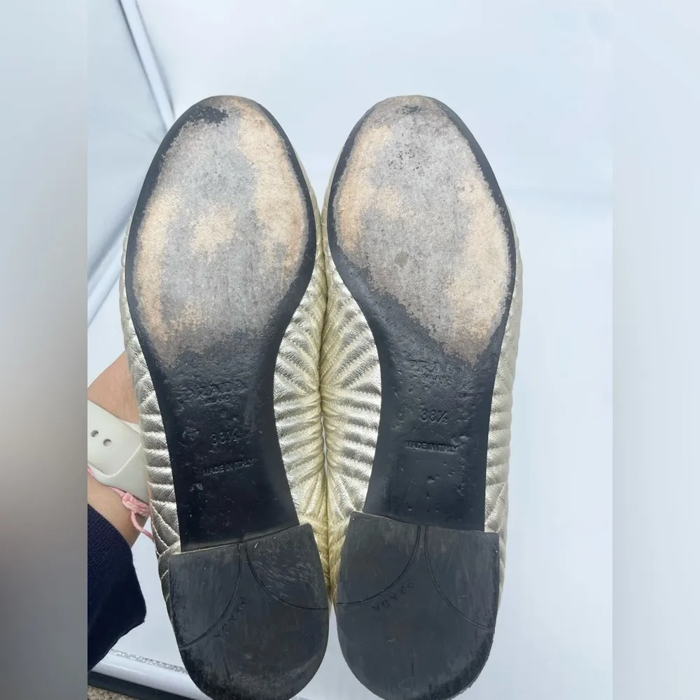 Prada Pale Gold Quilted leather logo embellished bowtie ballerina flats EU 38.5 - Image 8