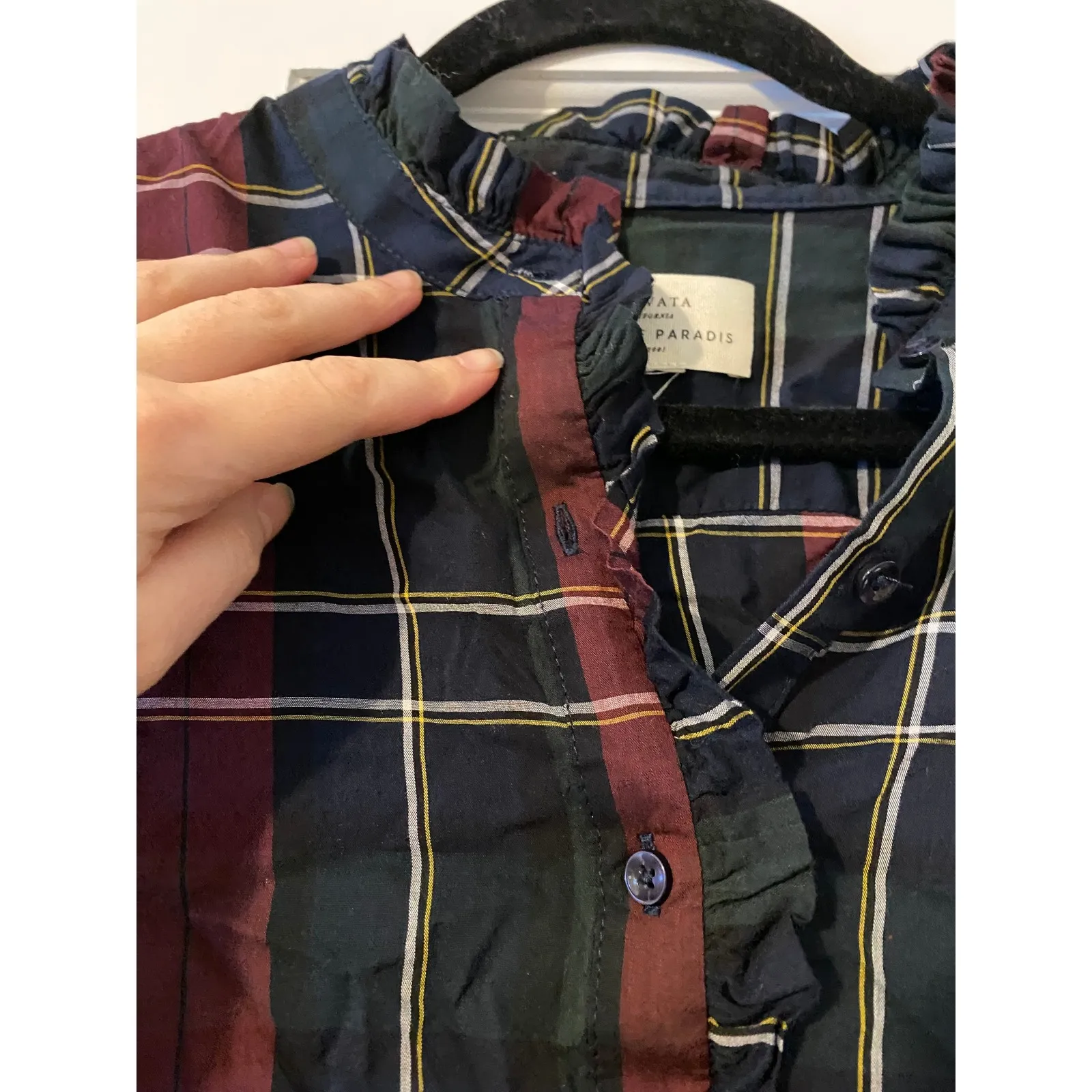 Trovata Birds of Paradise Plaid Red Ruffle Shirt Medium Work Heritage Designer - Image 4