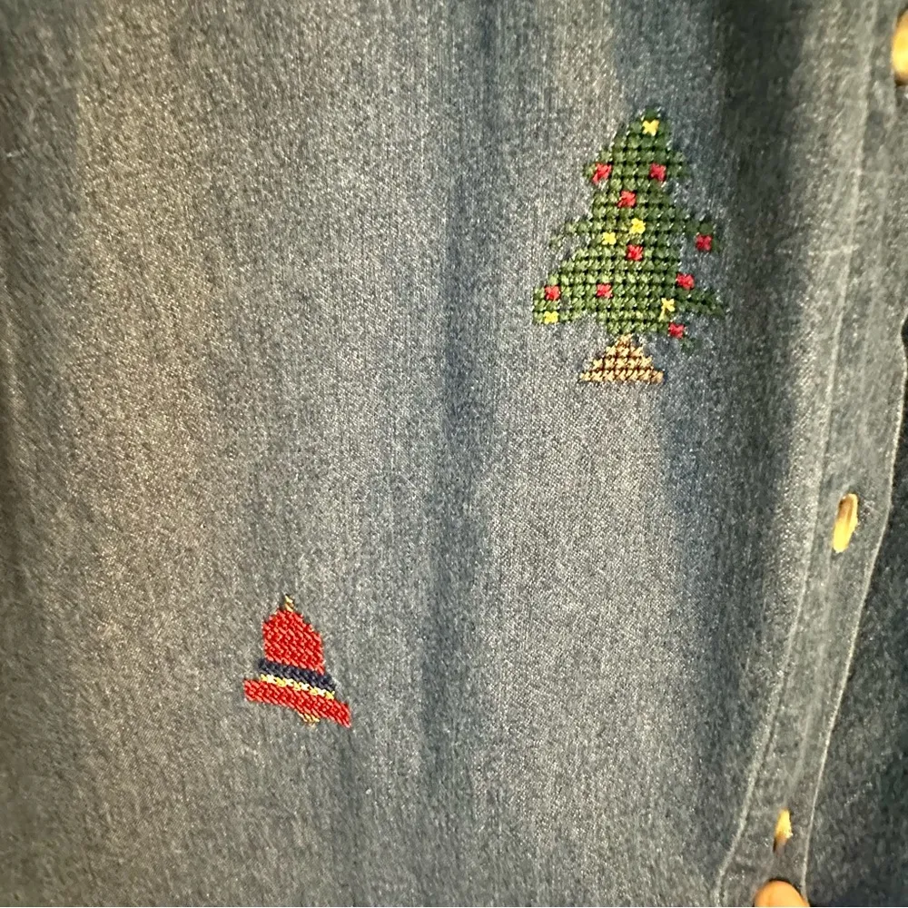 Vintage Christmas Victoria Jones Denim Button Down Shirt Sz 2x Embroidered - Image 6
