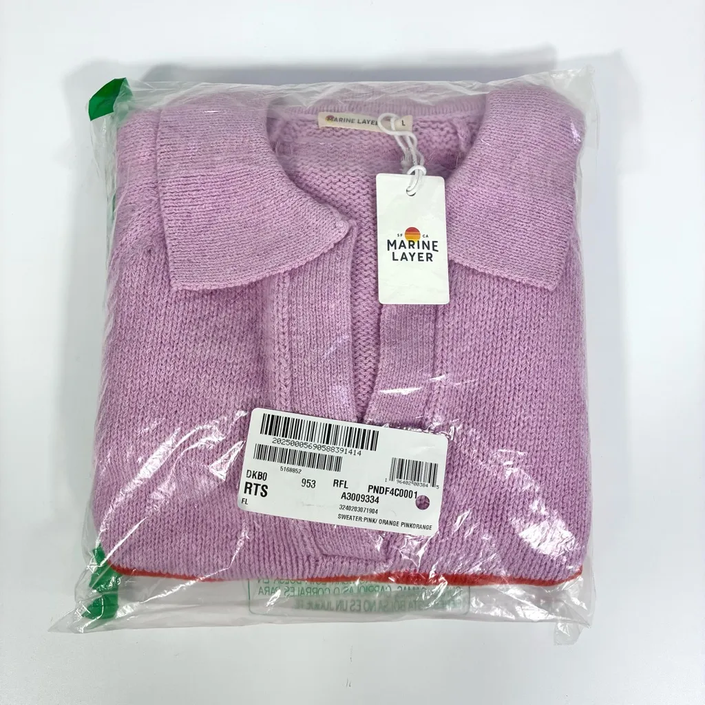 Marine Layer Claire Relaxed Sweater Polo Merino Wool Cotton Large Pink NWT - Image 6