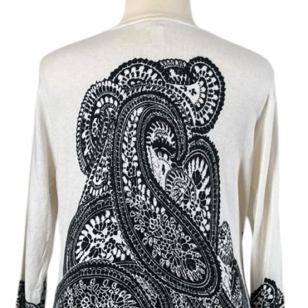 Chico’s Size 3 Sweater Tunic V-neck Long Sleeves Black Cream Paisley Women’s L - Image 8