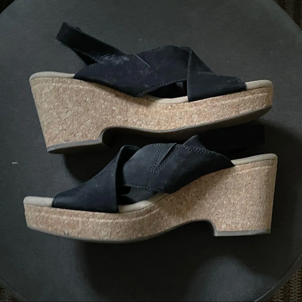 Clarks Giselle Black Women's 9 Wedge Cork Sandal Suede Buckle - Image 6