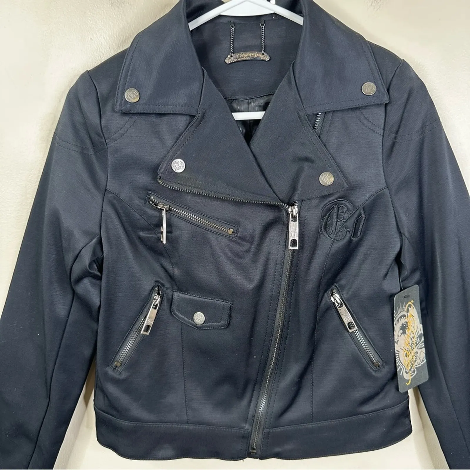 NEW Ed Hardy Vintage Jacket Womens XS Black Moto Vintage Deadstock Y2K Coat - Image 8