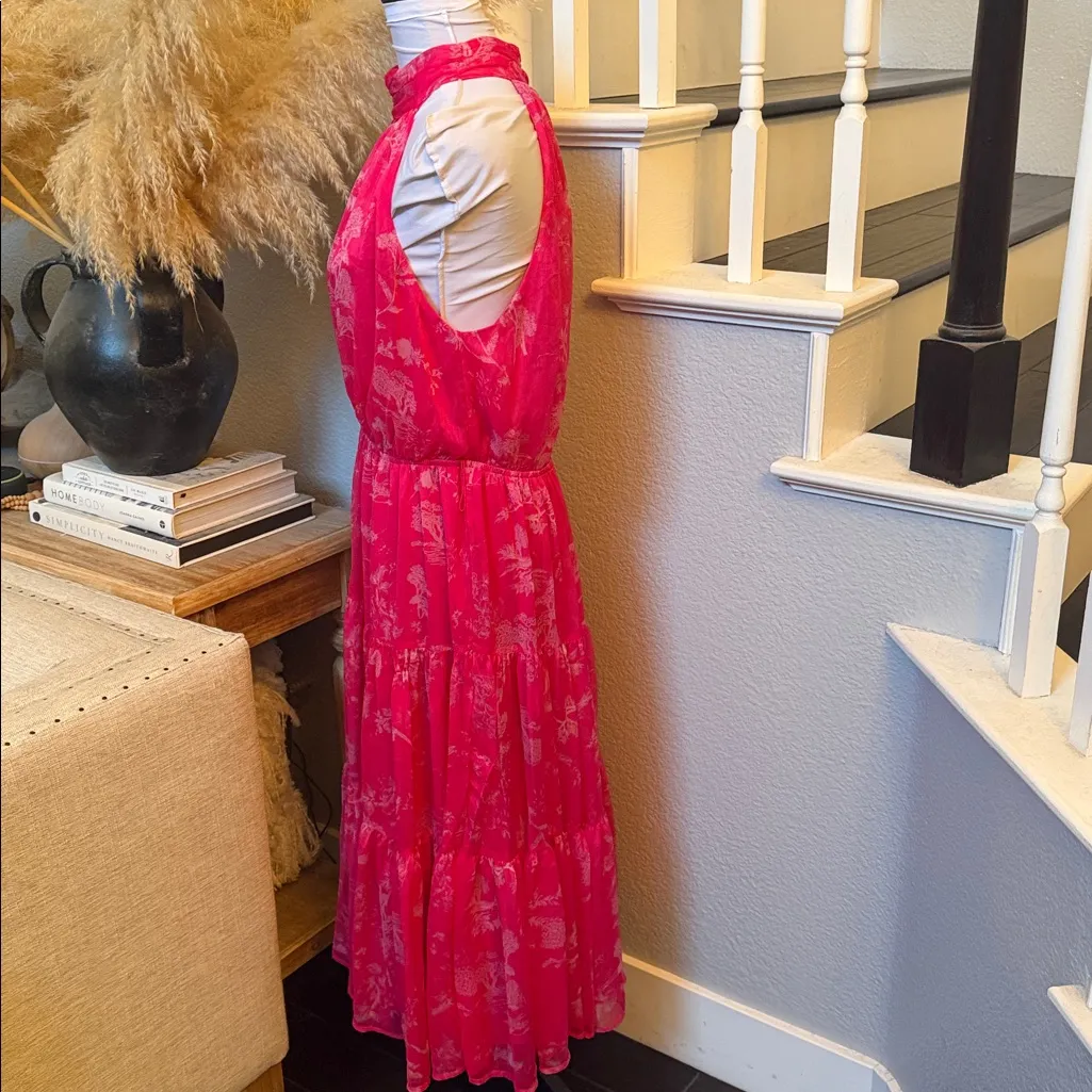 Float to You Hot Pink Floral Print Halter-Neck Tiered Midi Dress Size Large - Image 5
