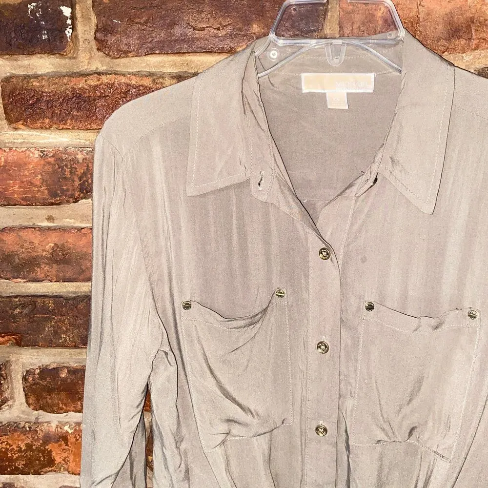 MICHAEL Michael Kors Army Military Green Button Down Tie Waist Top Women's XS - Image 2