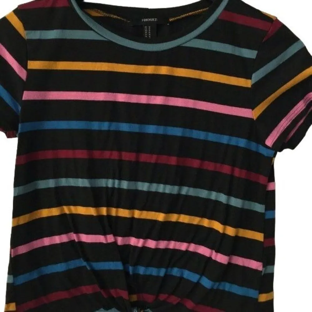 Forever 21 Striped Tee T Shirt Knot Front Short Sleeve Trendy Classic Cotton M - Image 2