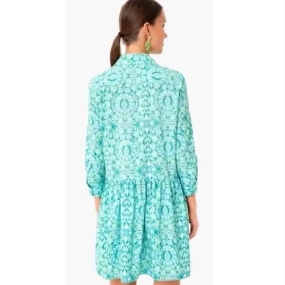 TUCKERNUCK Aqua Blue Green Tile Printed 3/4 Sleeves Mykonos Hayes Shirt Dress S - Image 2