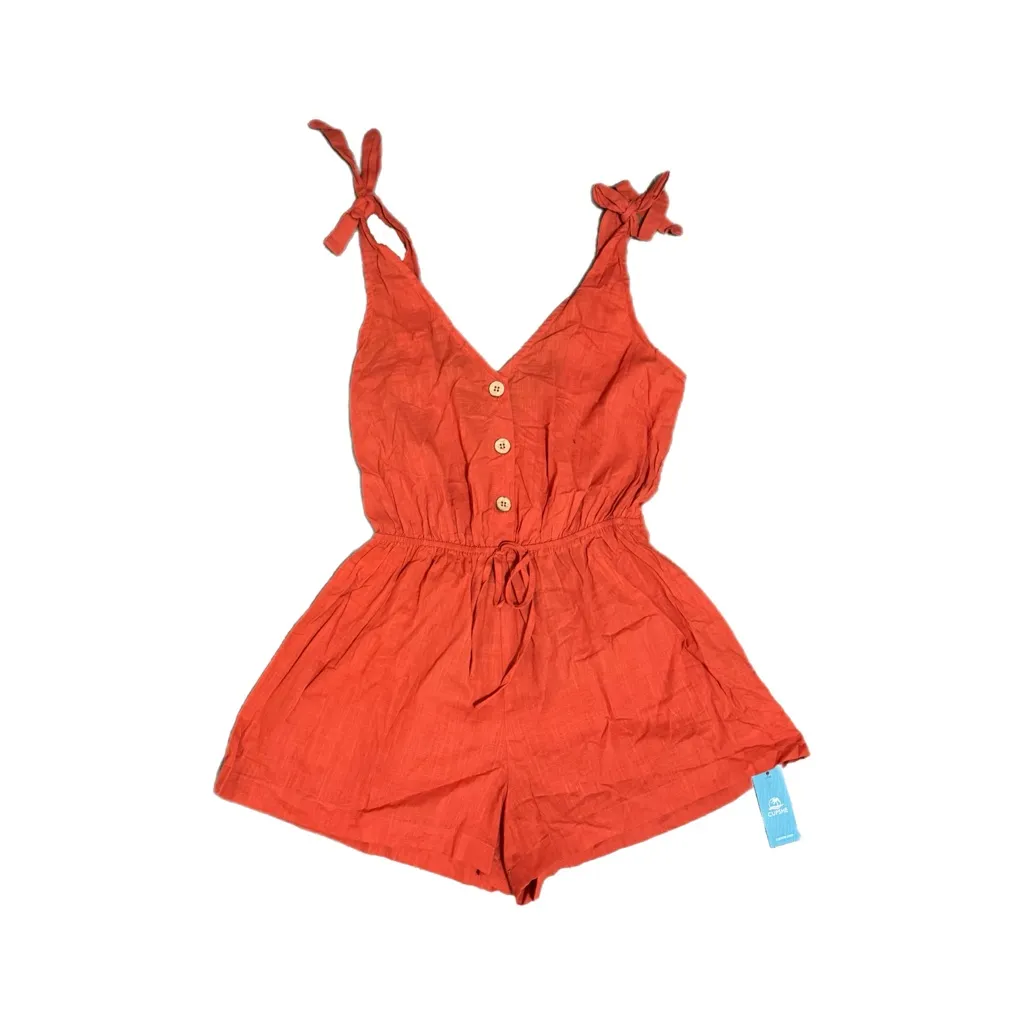CUPSHE Women’s Cotton Romper Button Accents Tie Waist Shorts Size M Orange - Image 3
