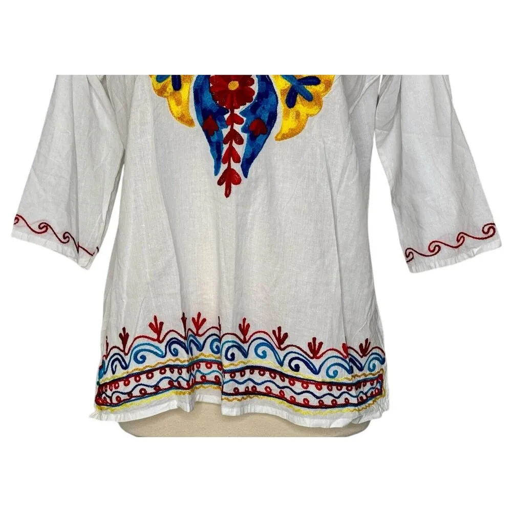 OMJA WORLD Mexican Embroidered Peasant Blouse Floral Ethnic Authentic Top Sz L White Size L - Image 5