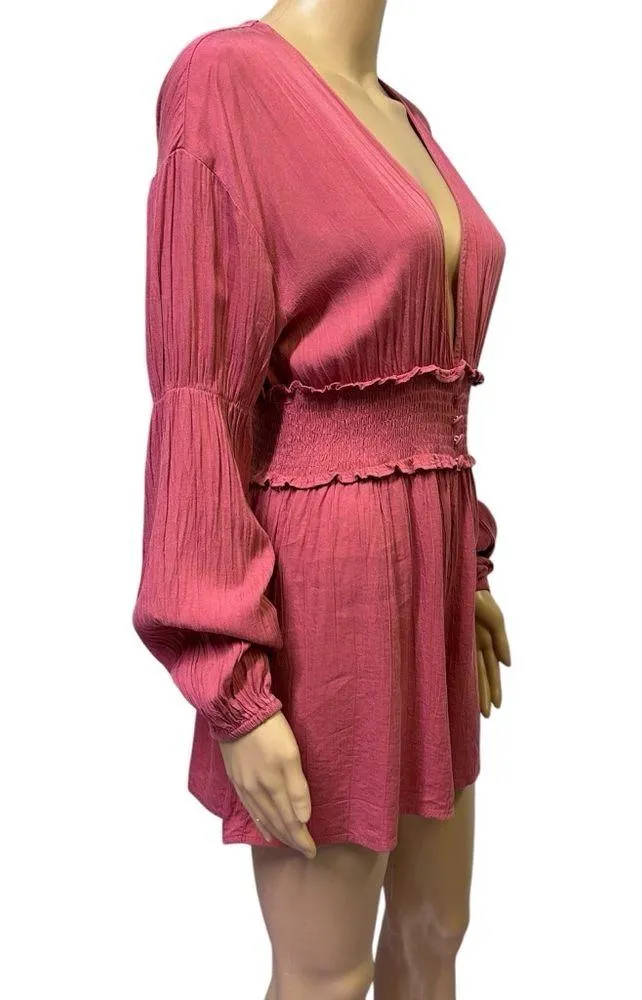 Forever 21 Plunging Ruffled Smocked Peasant Boho Long Sleeve Shorts Romper Small - Image 4