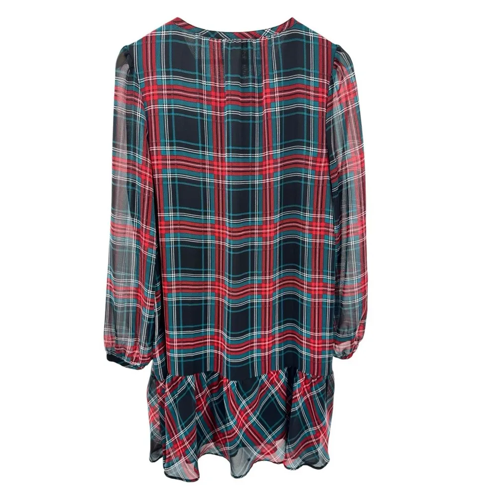Draper James Plaid Tie Neck Ruffle Hem Dress Size Large Sheer Long Sleeve Preppy - Image 7
