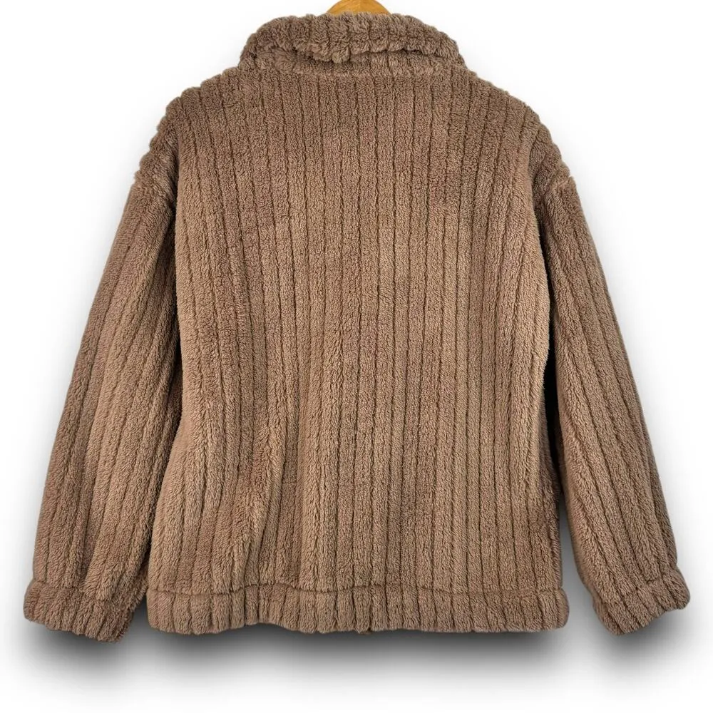 Womens Casual Fuzzy Fleece Jacket Collared Long Sleeve Button Front Brown Large Tan - Image 6
