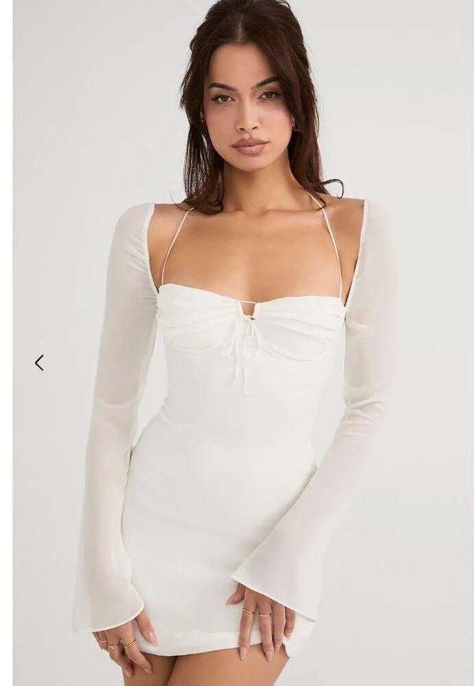 House of Cb Babydoll Ivory Chiffon Halter Mini Dress L+ NEW - Image 7