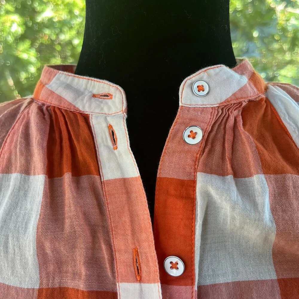 Anthropologie Maeve Orange And White Gingham Flare Sleeve Blouse Size XS - Image 7