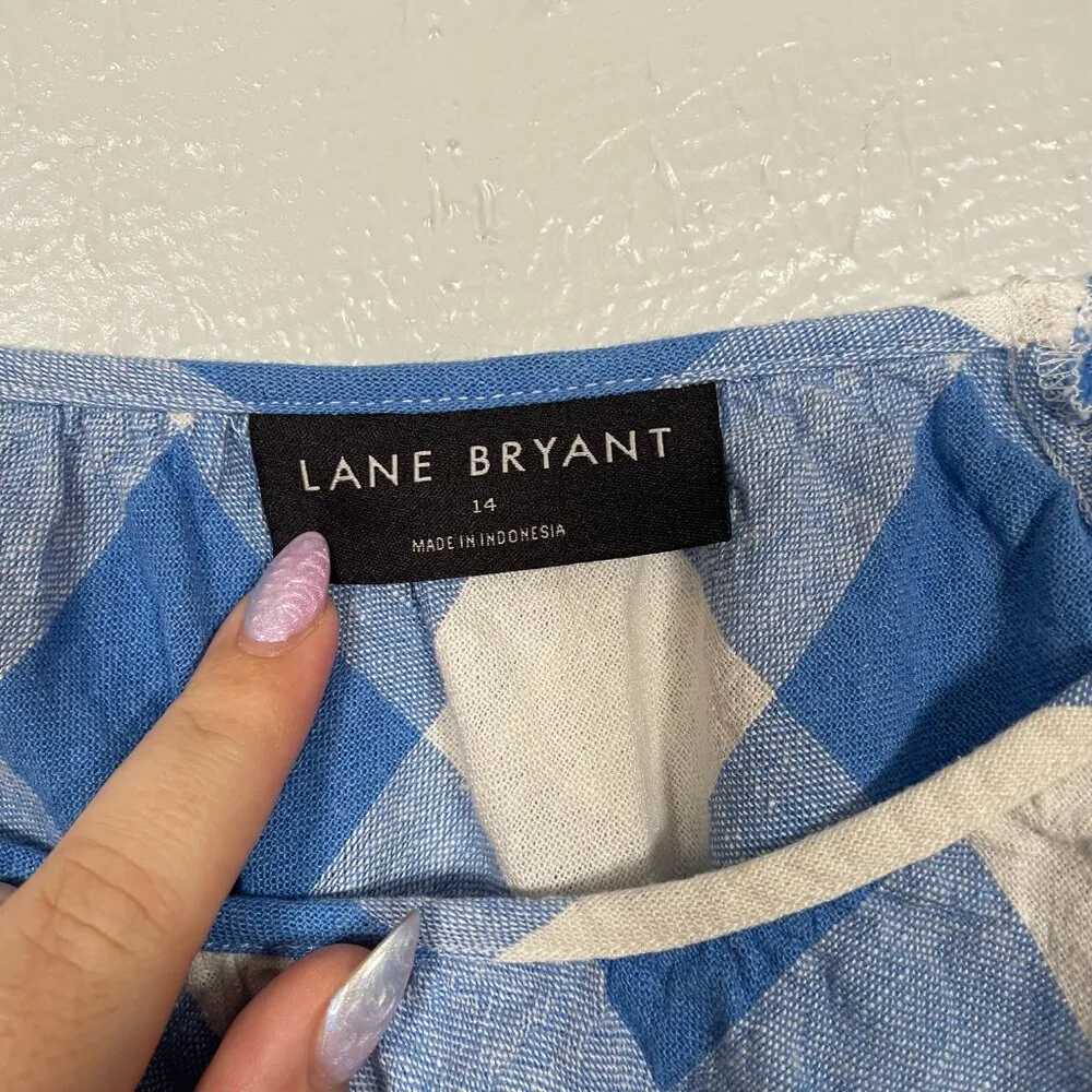 Lane Bryant Women Plus Size 14 Blue White Gingham Plaid Crop Top Balloon Sleeves - Image 4