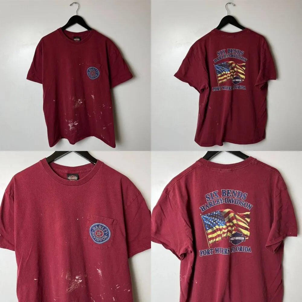 Harley Davidson Six Bends T Shirt Red XL Extra Large Pocket USA Flag Graphic Tee - Image 12