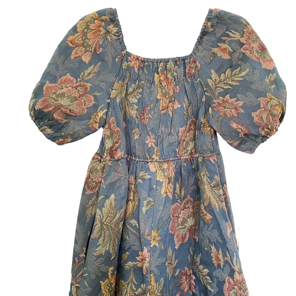 Polagram  Piper and Scoot Connerton Blue Floral Jacquard Puff Sleeve Dress Small - Image 6