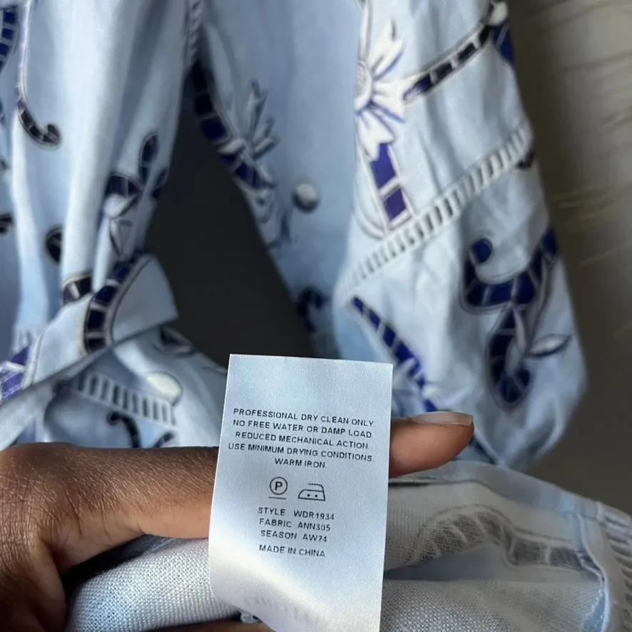 Oroton Dress Linen Lace Flower Smock Blue Floral Print‎ Tie Neck Mini Dress 8 - Image 11