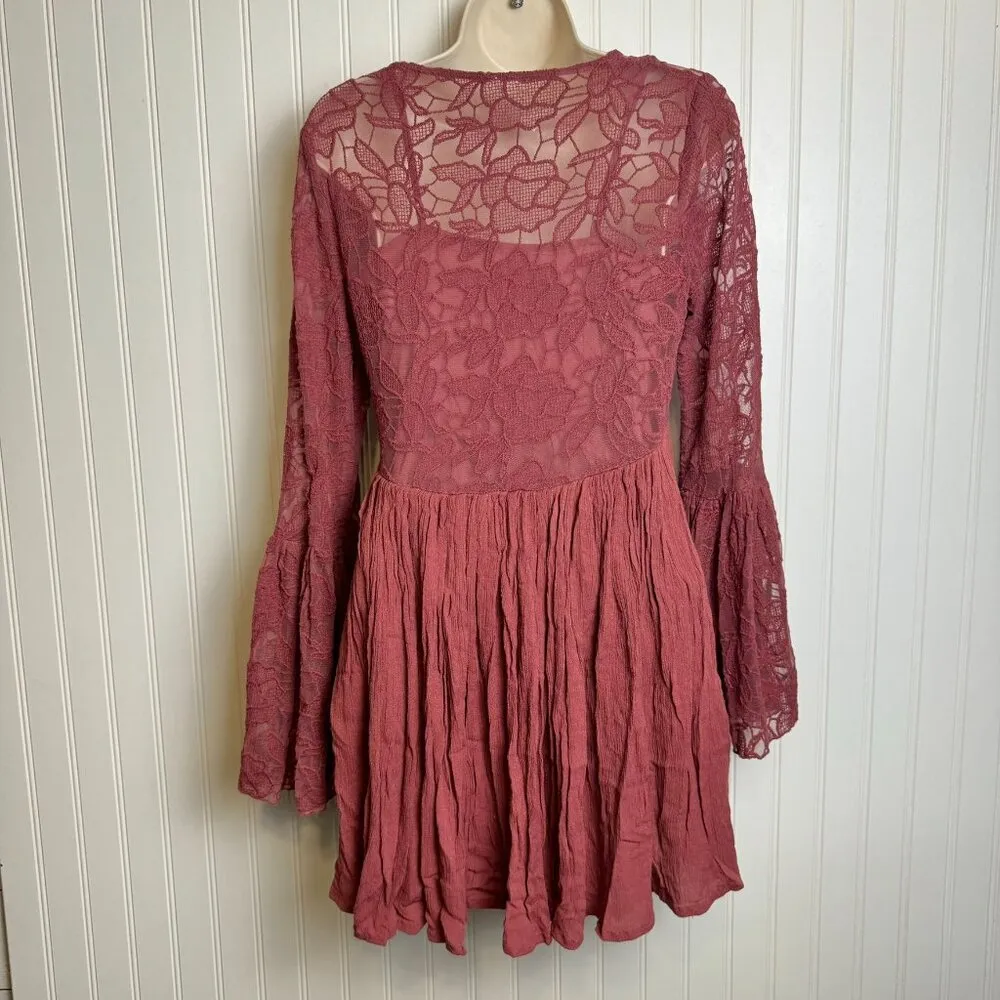 Free People Burgundy Lace Bell Sleeve Mini Dress With Slip - Image 7
