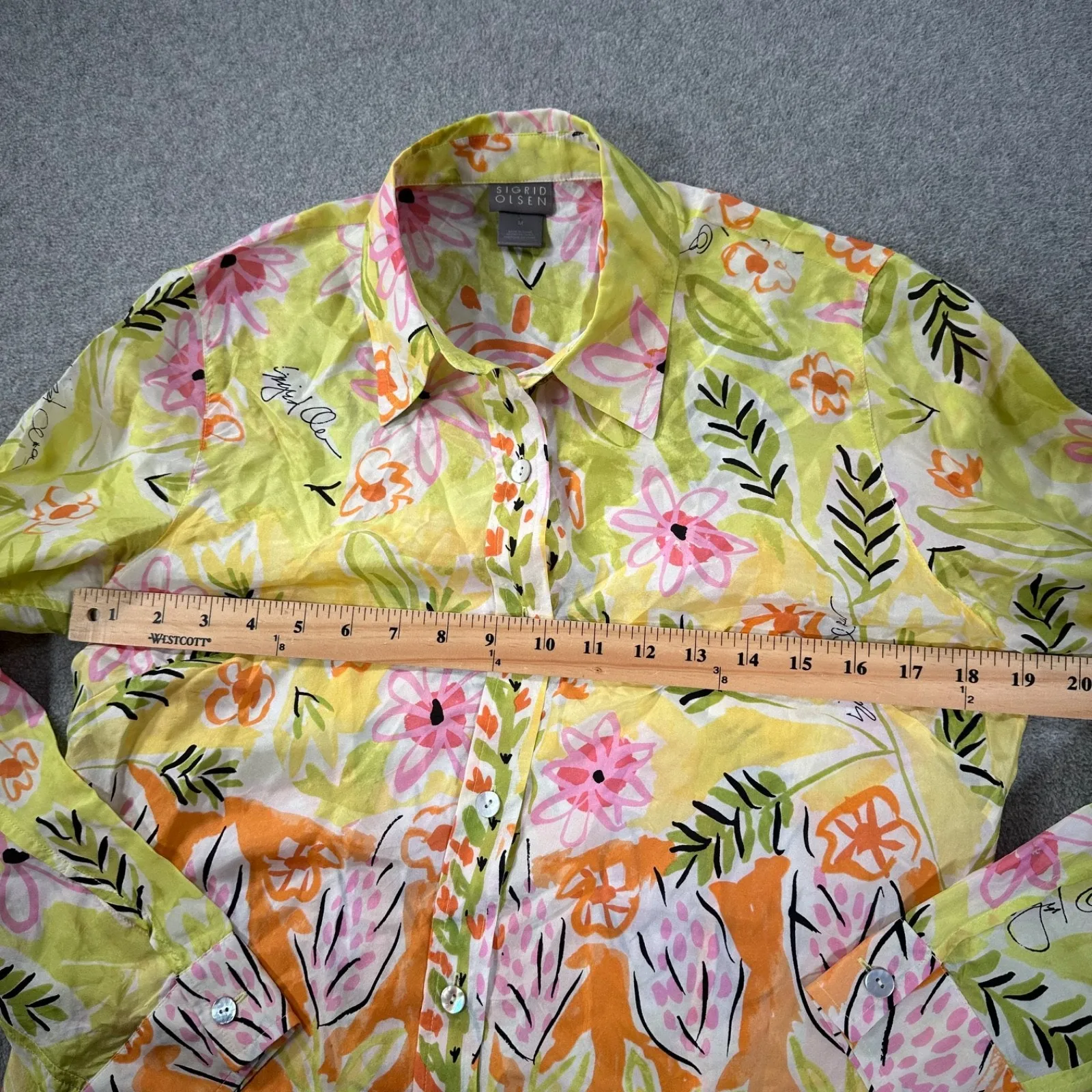 Sigrid Olsen Silk Button Down Blouse Womens Medium Green Pink Floral Long Sleeve - Image 4