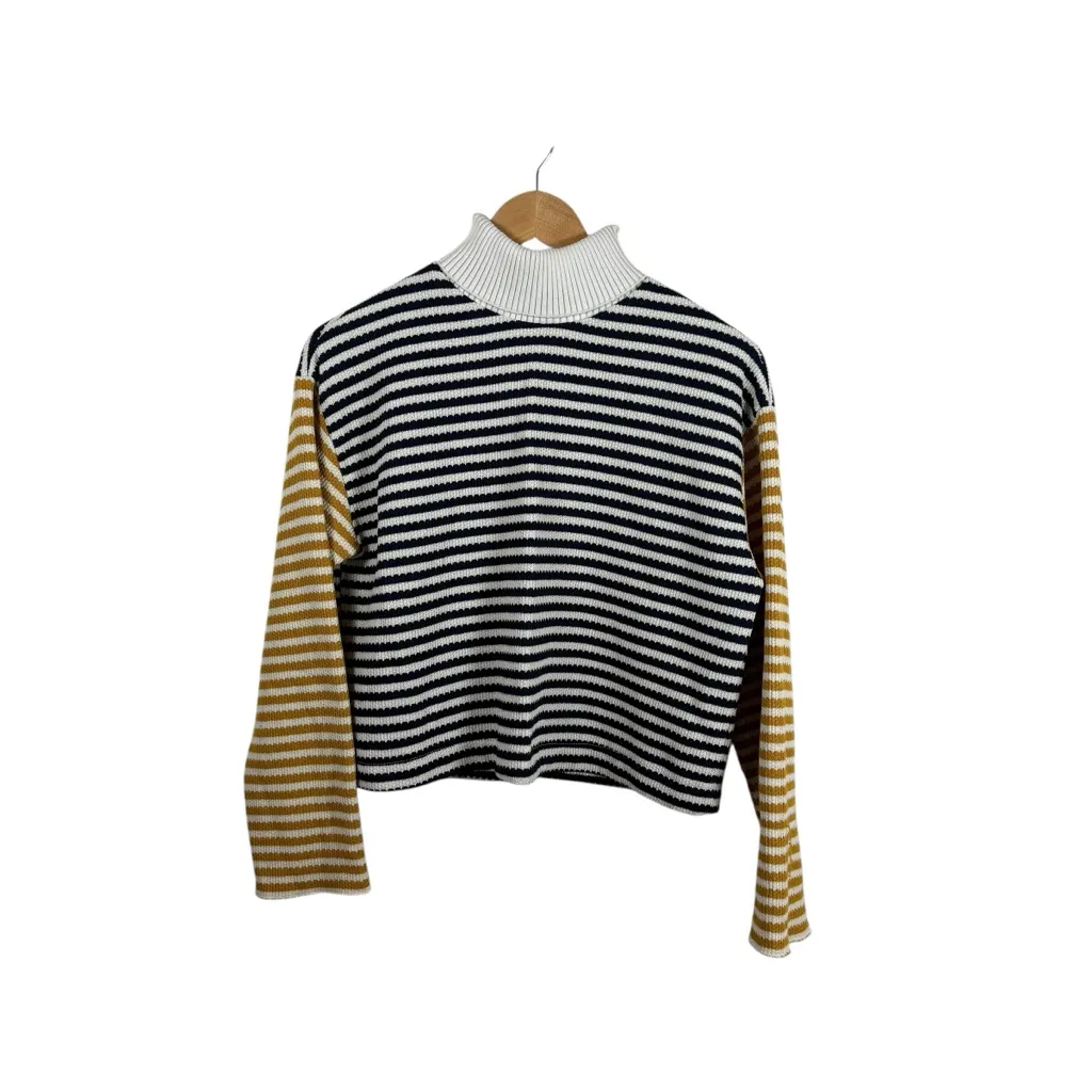 Zara Women’s Cropped Striped Turtleneck Sweater Navy/White/Yellow M - Image 2