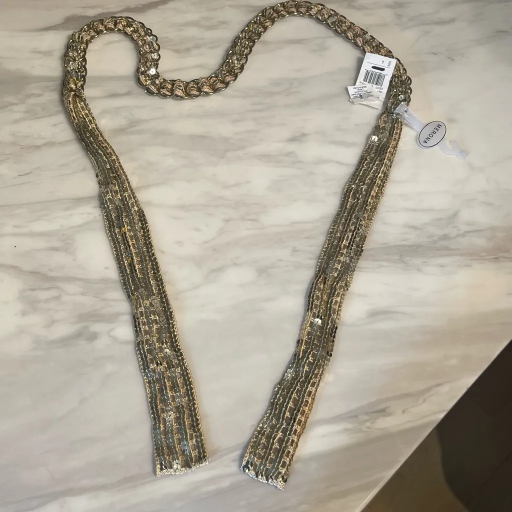 Merona Gold Chain Link Braided Tie Waist Belt Metallic Adjustable One Size NWT - Image 4