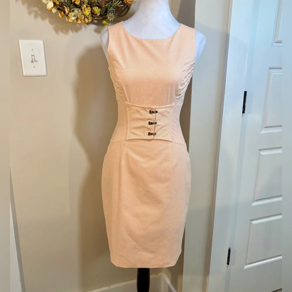ANTONIO MELANI Corset Waist Orange/White Micro Stripe Sheath Career Dress Sz 0💚 - Image 11