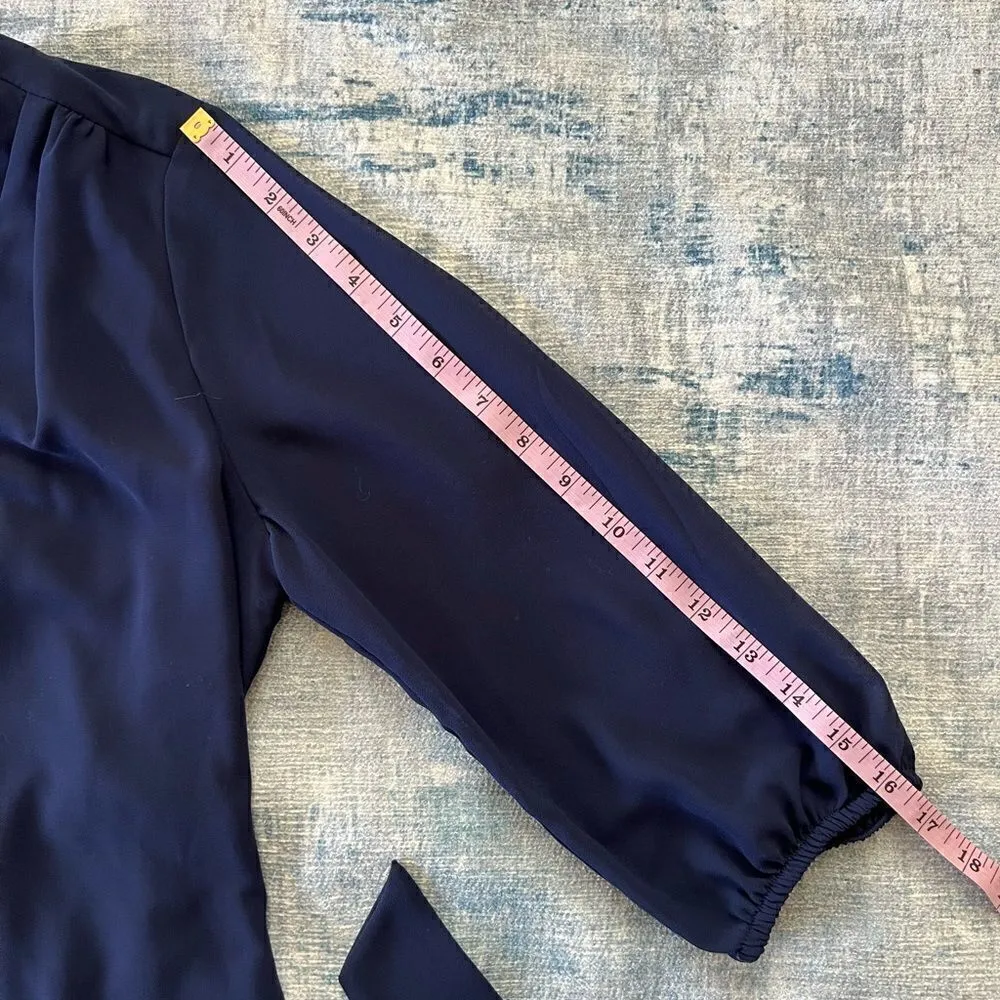 A. Byer Blue Semi Sheer Long Sleeve Strappy V Neck Belted Dress Medium - Image 8