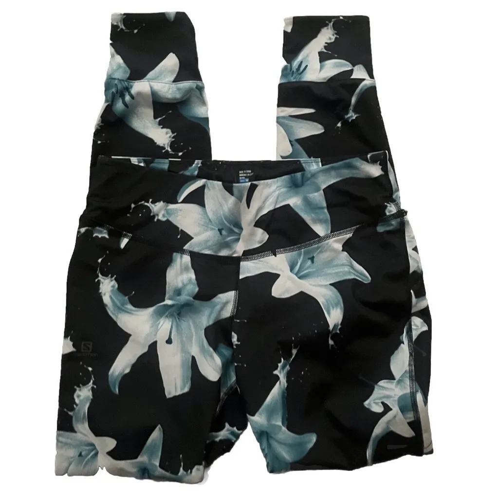 Salomon Women's Mantra Tech Leggings Size M Floral Black Blue White Activewear - Image 2