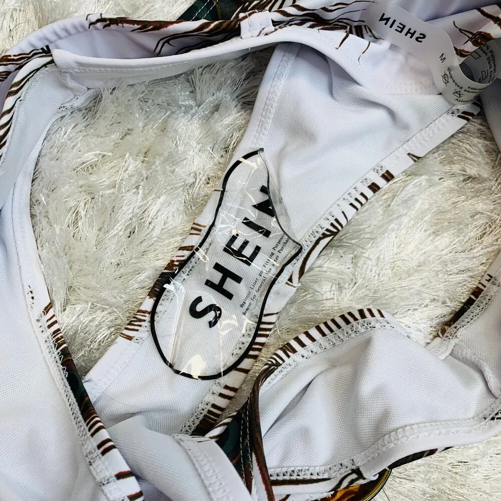 Shein Feather Bikini  Set Short Sleeve High Waist Bottom Sz Medium - Image 7
