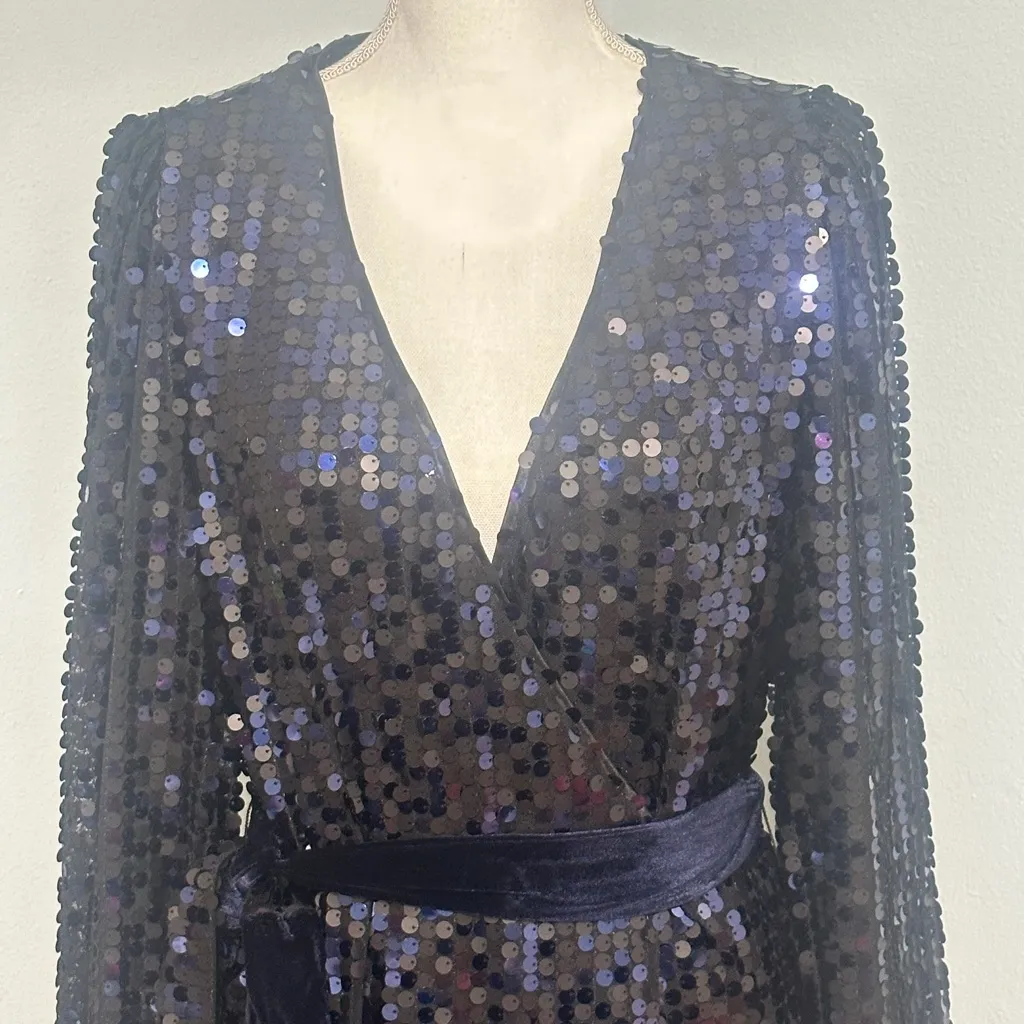 Nanette Lenore Blue/Black Sequin Row LongSleeve Formal Wrap Dress NWT - Image 8