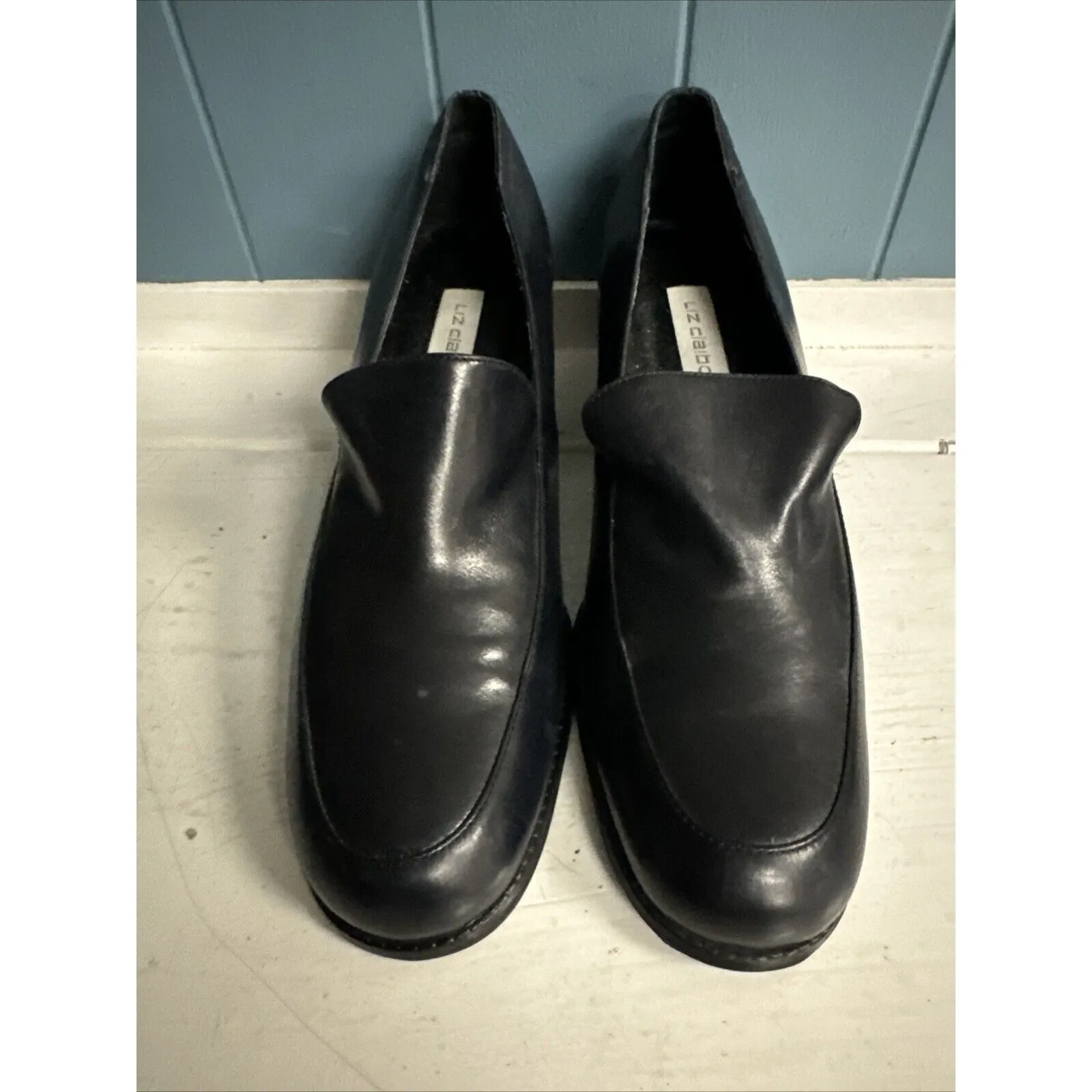 Vtg Y2K Liz Claiborne Women’s 8.5N Narrow Loafers Navy Blue Leather‎ Chunky Heel - Image 3