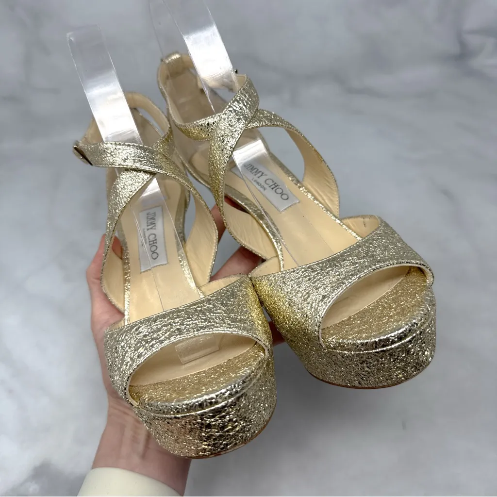 Jimmy Choo April 120 Metallic Foil Leather Platform Sandal Block Heels Gold 39 - Image 6