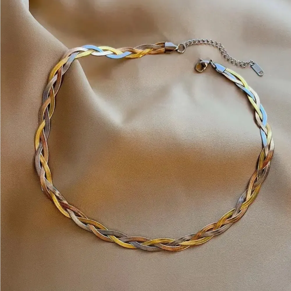 Stainless Steel Braid Tricolors snake Necklace SET Bracelet Womens jewelry Gold - Image 6