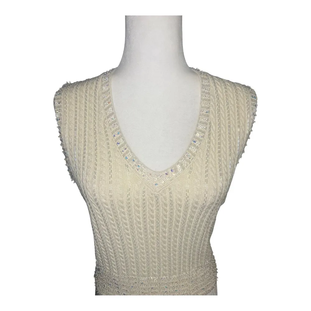 Vintage Beaded Knit Sweater Vest | Y2K Glam Classic | Deadstock Small Vie - Image 5