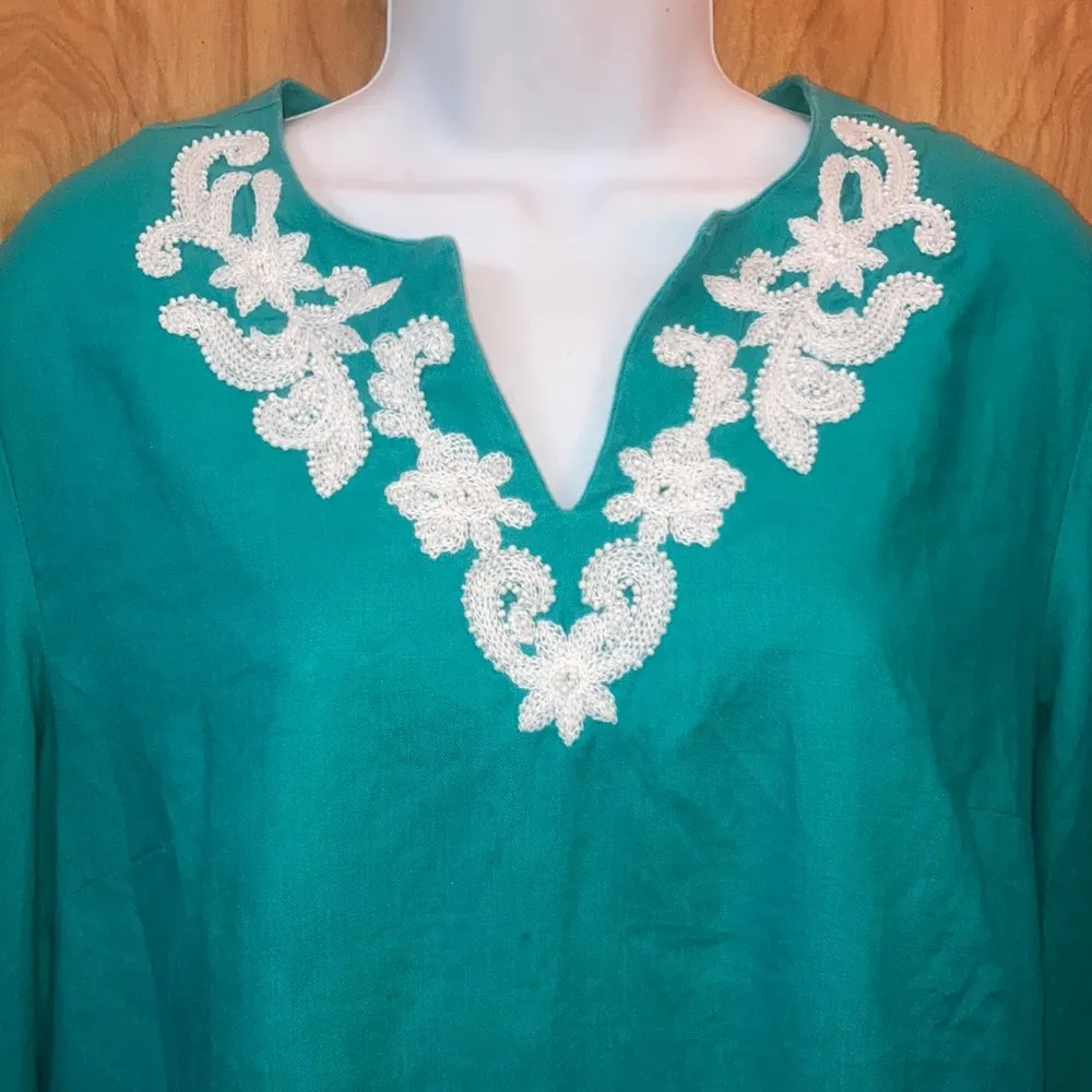 Teal Turquoise Aqua Talbots Embroidered Blouse Size Medium Petite - Image 2