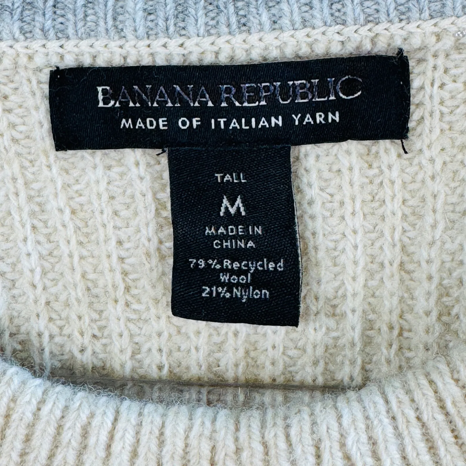 Banana Republic Italian Yarn Wool Blend Sweater Beige M Tall‎ Ribbed Crew Neck - Image 3