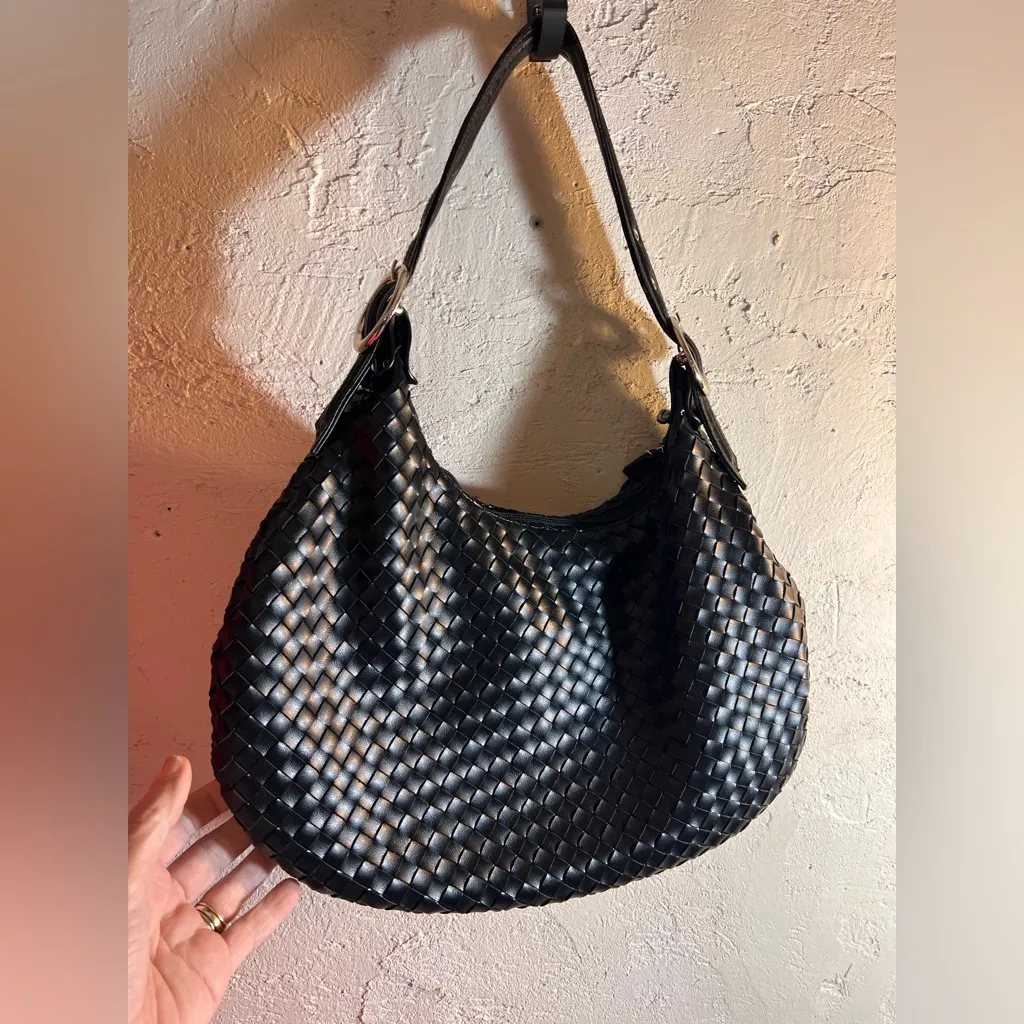 White House Black Market Black Woven Shoulder Bag faux zip minimalist classic - Image 2