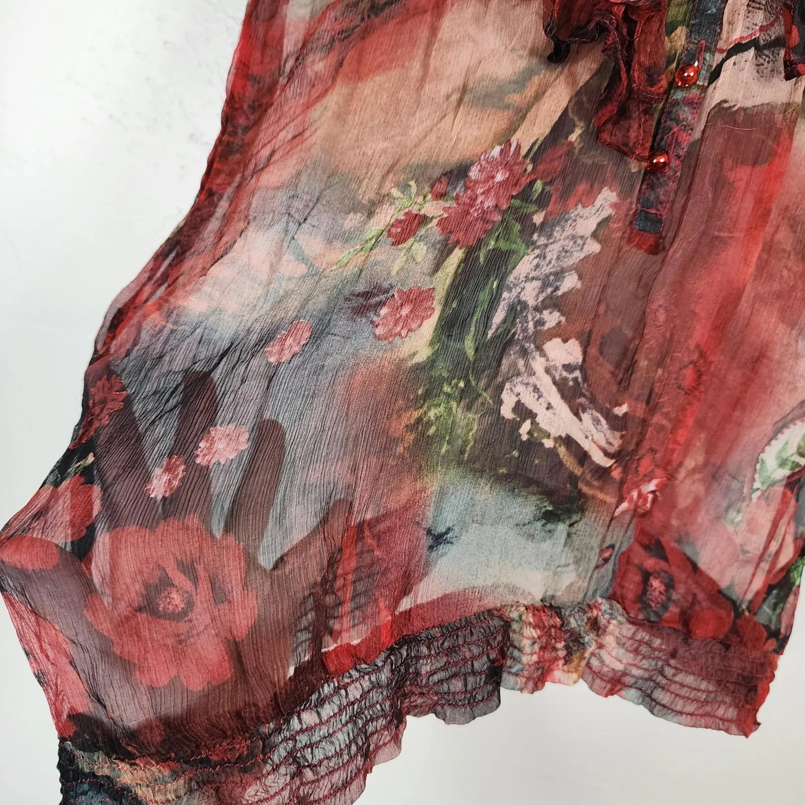 Ya Da 100% Silk Sheer Floral Blouse Ruffle Fairy Grunge Whimsigoth Top Y2K M Red Size M - Image 5
