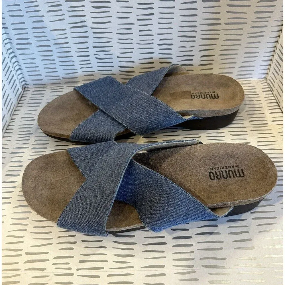Munro‎ Extra Light Walking Wedge Blue Denim Cork Cross Slip On Flats Sz 10 - Image 2