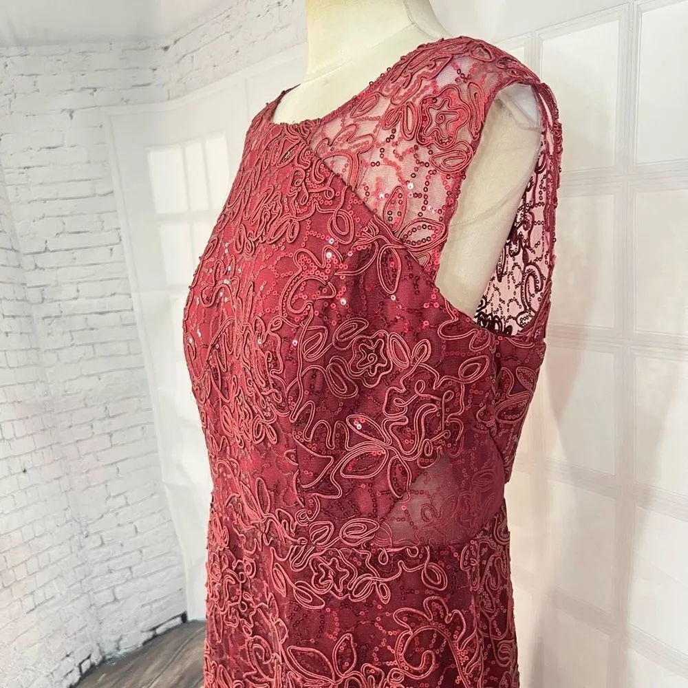 Slny sleeveless maroon red embroidered sequined lace gown size 16 - Image 3