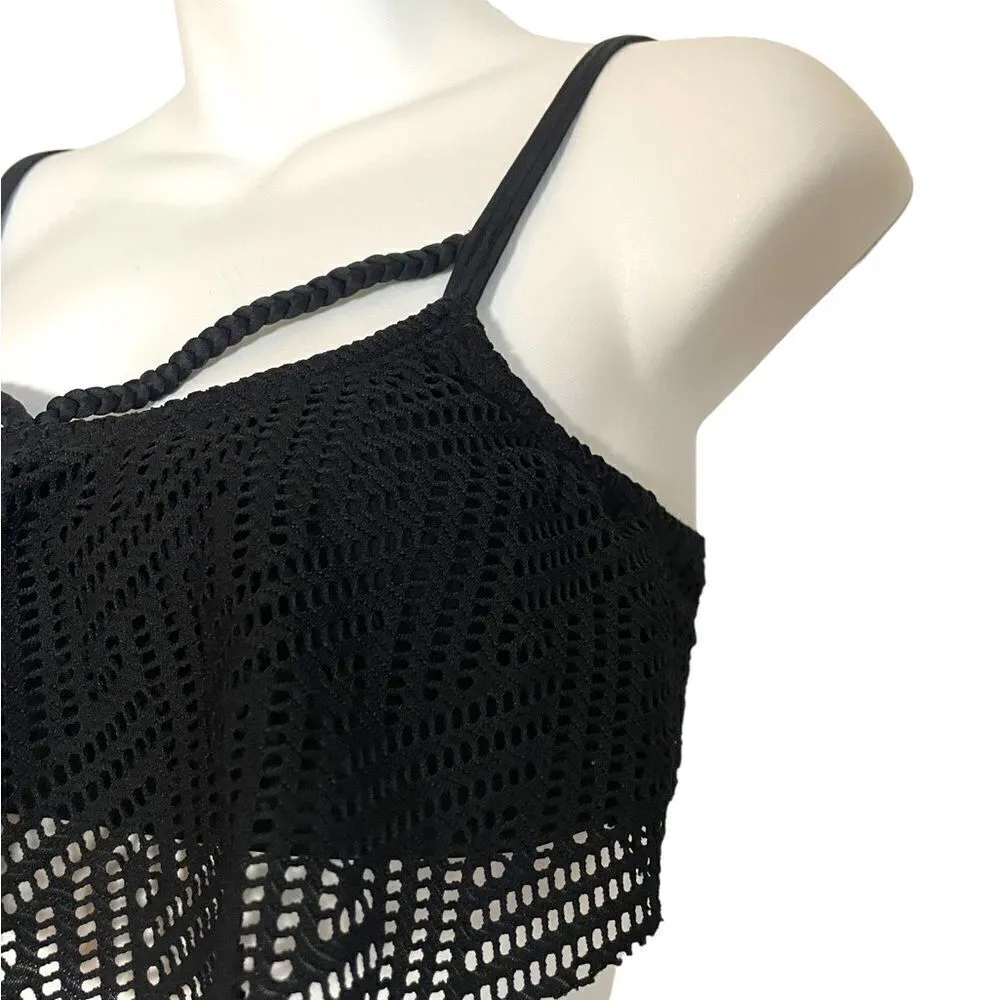 Malibu Lace Ruffle Flounce Flowy Braided Flowy Black Bikini Top M Boho Tribal Size M - Image 3