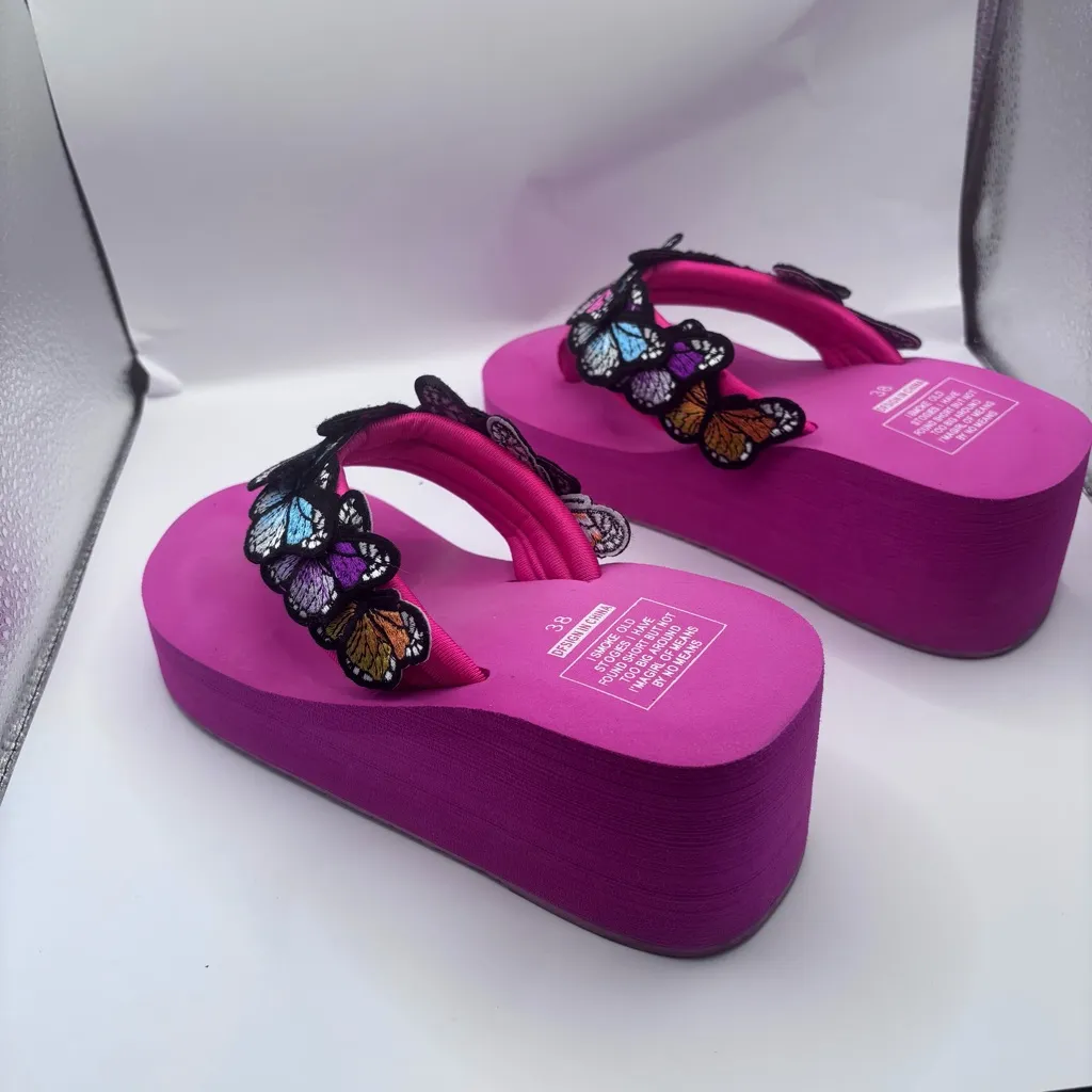 Womens Flip Flops Thong Butterfly Decor Wedge Heel Slippers Shoes Summer Sandals Pink Size 7 - Image 6